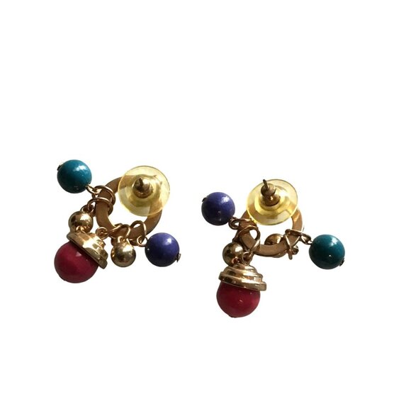 WOMENS GOLD TONE GREEN/BLUE/RED STONE DANGLE EARRINGS - Picture 4 of 4